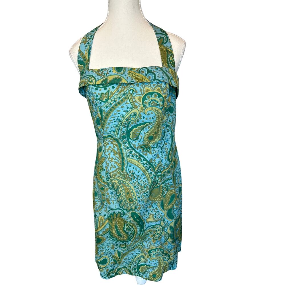 Alyn Paige | Blue/Green Paisley Halter Sheath Dress | 9/10 - Picture 1 of 12